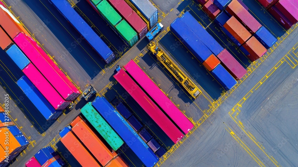 Poster aerial view of colorful shipping containers arranged neatly at a port, showcasing efficient logistic