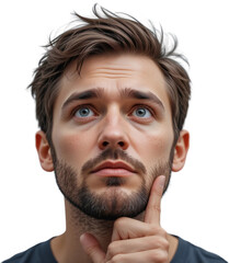 Fototapeta premium Pensive Young Man with Brown Hair and Beard Contemplative Expression Thoughtful Pose