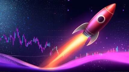 Rocket Powered Financial Growth and Startup Success Depicted on Digital Market Graph with Futuristic Complementary Color Scheme in Modern Office Setting