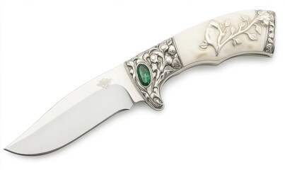 Ornate knife with a silver handle and emerald detail, displayed on a clean surface with subtle reflections