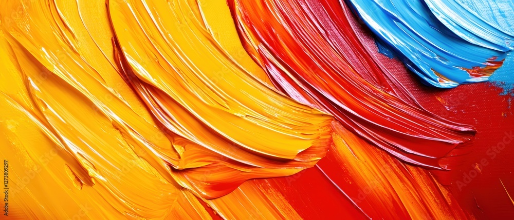 Poster abstract canvas art featuring vivid brushstrokes of yellow red and blue creating a dynamic texture