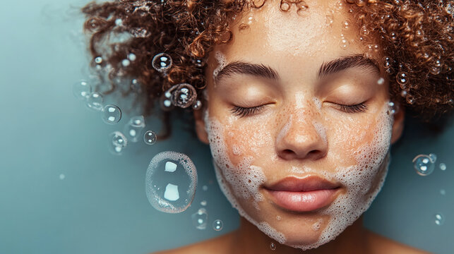 Close-up portrait of a young woman with curly hair, enjoying a facial care routine with soap bubbles. This image symbolizes self-care, cleanliness, and skin hydration, with an emphasis on skincare.
