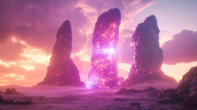 Mysterious Alien Artefacts, Misty Ethereal Glowing Monolith - AI Generated