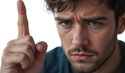 Serious Young Man with Beard Gesturing Warning or Caution Close Up Portrait