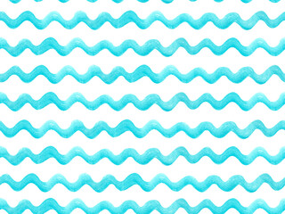 Abstract turquoise wavy lines watercolor seamless pattern isolated on white. High quality illustration. Hand drawn. Good for cards, craft paper, wrapping paper, covers, backgrounds, wallpaper