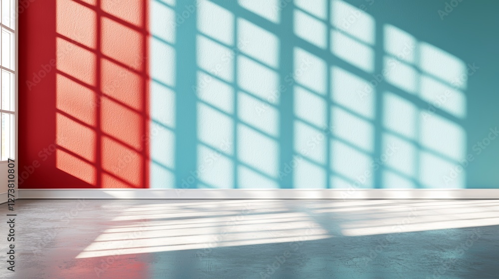 Poster a corner is depicted in an abstract image with sharp shadows from blue and red lighting