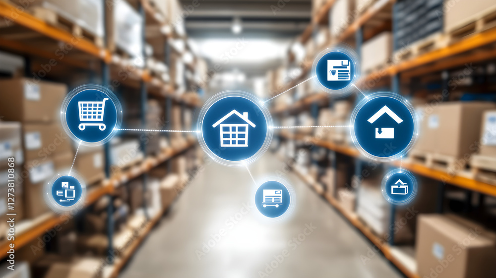 Poster warehouse management system integration modern distribution center digital interface industrial envi