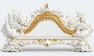 Fototapeta premium Ornate white and gold harp adorned with dragon motifs, set against a plain background