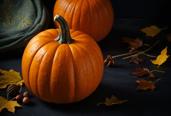 Autumn background with collection of pumpkins in a dark setting