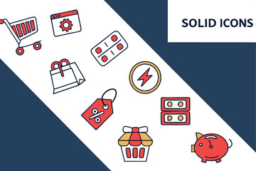  A row of 16 icons representing various e-commerce concepts, each with a distinct design style. The icons are arranged in two rows on a white background. The top row features icons for shopping cart