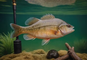 Fototapeta premium A lovely statue depicting a fish is resting on a wooden block