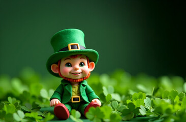 St Patrick's Day with treasure of leprechaun, green hat and shamrock, banner with space for the text. Selective focus, blurred background.