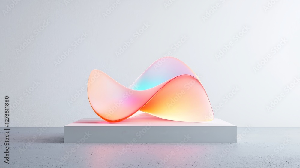 Poster a 3d render of a curvy translucent glass shape on a white background, used as a macro design element