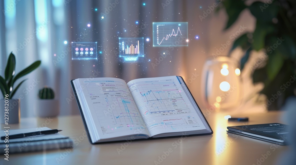 Poster financial data analysis, notebook with holographic charts and graphs, evening desk setup