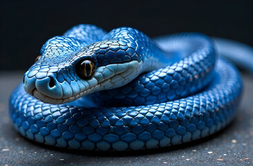 Fototapeta premium Portrait of a blue snake in close-up. Blurred background, selective focus