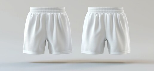 A 3d rendering and 3d illustration of a blank shorts mockup, showcasing front, back, and side views, gives the impression of sweatpants