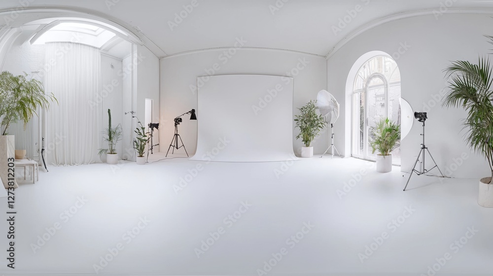 Aufkleber the scene depicts a sparse, modern studio illuminated by intense lights, captured in a 360-degree fo