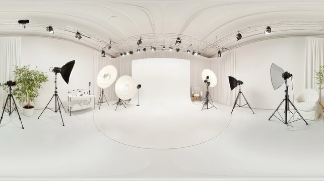 This 3D illustration showcases a sleek, minimalist studio bathed in radiant light, with a fully immersive 360-degree panorama and support for HDRI and VR environments