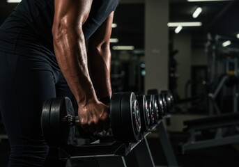 Fitness gym interior, close-up of hands gripping dumbbells