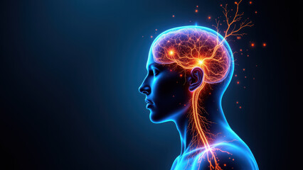 A visual representation of VNS or Vagus Nerve Stimulation using an illustration of a human head with highlighted brain activity and nerve pathways.