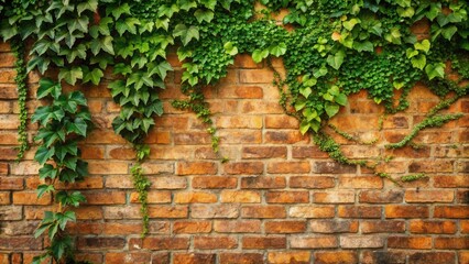Lush Green Vines Cascading Down a Rustic Brick Wall, Creating a Natural and Textured Background for Design Projects