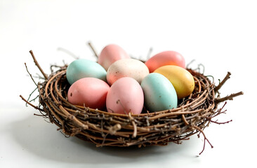 Obraz premium Easter card. Painted Easter eggs in a bird's nest, blurred background. Selective focus.