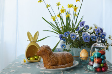 Easter table setting with easter cake