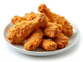 Close-up of homemade crispy fried chicken drumsticks on white background, food photography