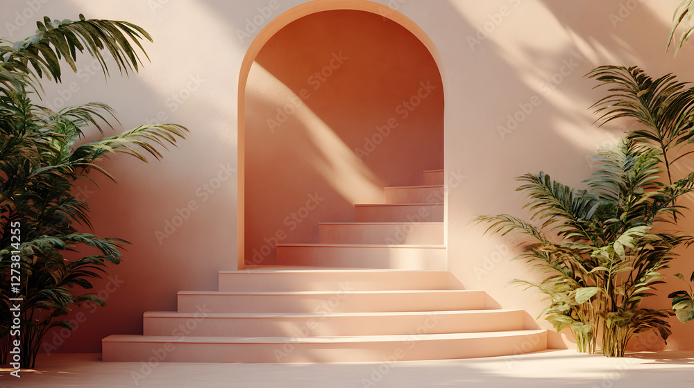 Poster minimalist archway with steps and greenery in a warm-toned environment