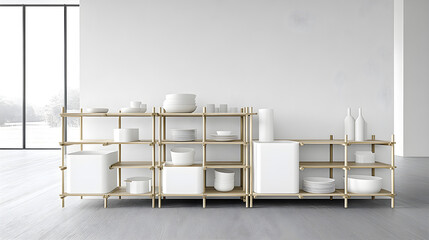 Modern minimalist kitchen shelves displaying white ceramic tableware bright interior photography aesthetic design