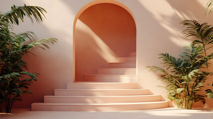 Fototapeta premium Minimalist archway with steps and greenery in a warm-toned environment
