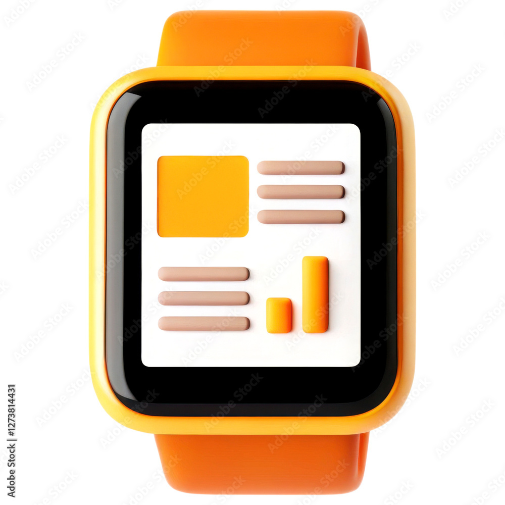 Poster wealth with appraisal concept. smartwatch displaying data and charts on a vibrant orange background.