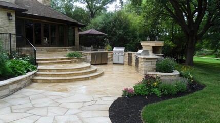 Obraz premium A beautiful outdoor space featuring a stone countertop kitchen, BBQ grill, and inviting patio.