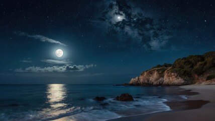 Fototapeta premium A mesmerizing night ocean scene under a glowing full moon and a sky filled with sparkling stars. Gentle waves reflect the moonlight, creating a peaceful and dreamy atmosphere.