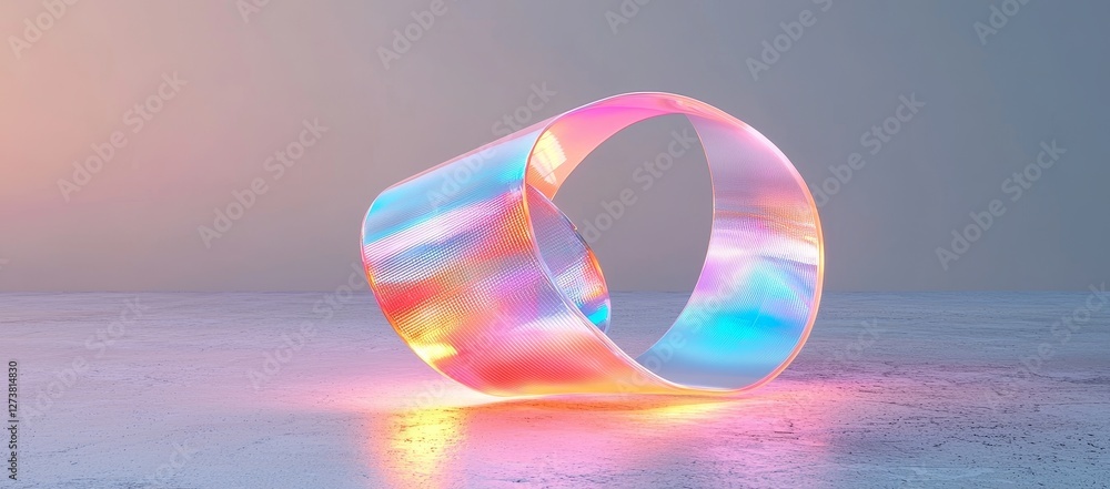 Poster 3d rendering of an abstract minimalist background featuring a colorful curvy ribbon, holographic foi