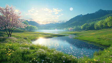 Obraz premium Ethereal Boundaries of Springs Breath sun-drenched valley unfolding under the gentle embrace of morning