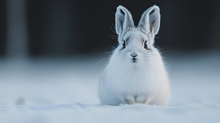 Obraz premium Snowy rabbit sitting quietly in a winter landscape