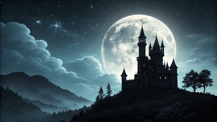 Mysterious Gothic Castle Silhouette Under a Full Moon towering gothic castle looms in the darkness, its silhouette sharp against the glow of a massive full moon.