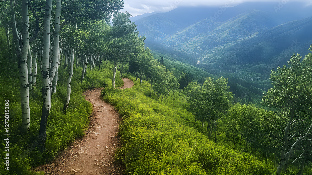 Poster scenic mountain path through lush greenery and trees