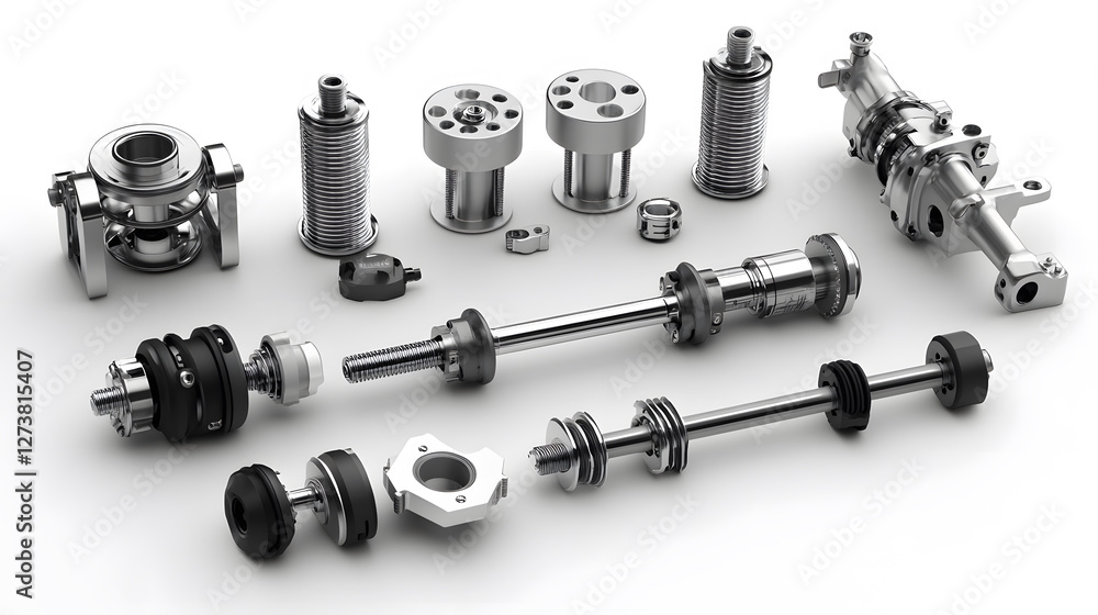 Poster mechanical parts arranged in a flat layout, showcasing precision engineering