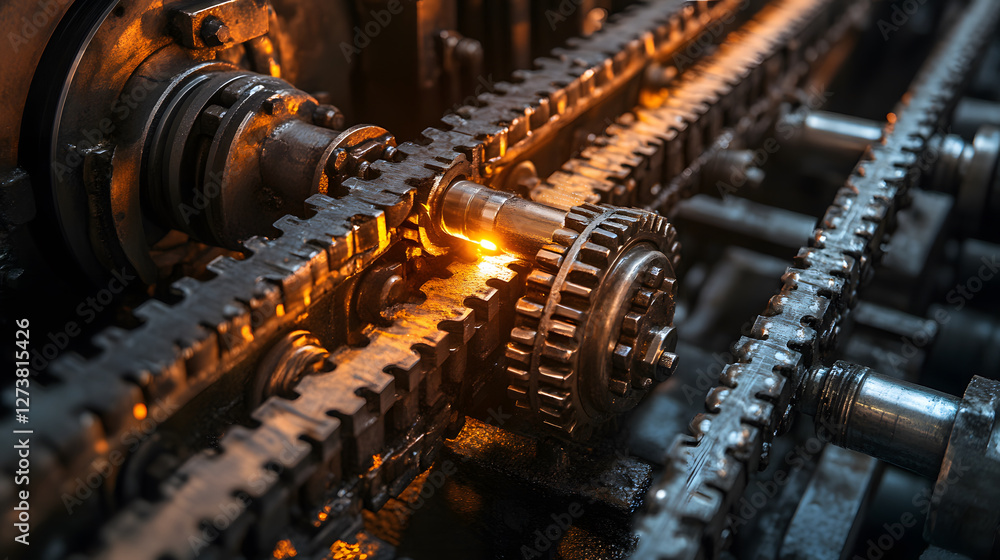 Poster Close-up of gears and chains in a complex machinery system