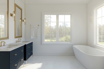 A brand new luxury home is showcased with a beautiful bathroom that is flooded with natural light, complete with a large vanity that has dark blue cabinets, dual sinks, a bathtub, circular mirrors,