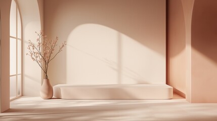 Minimalistic beige background with decorative vase and plants