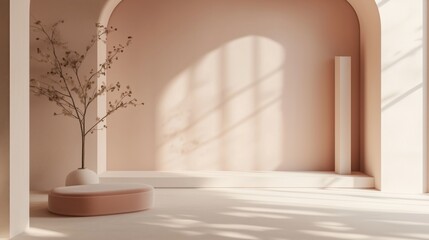 Minimalistic beige background with decorative vase and plants