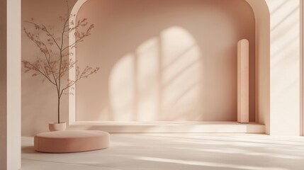 Minimalistic beige background with decorative vase and plants