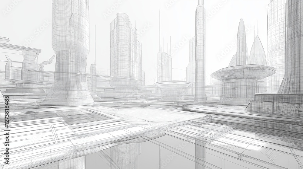 Poster a wireframe model of a futuristic city with no textures.