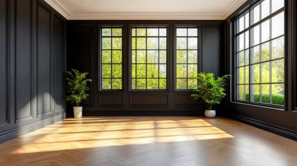 A chic empty interior with black walls, decorative panels, and a smooth wooden floor, perfect for design mockups.