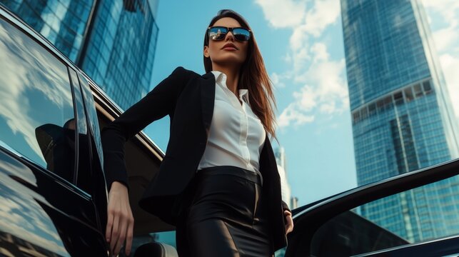 Businesswoman exiting luxury car skyscraper. AI generated