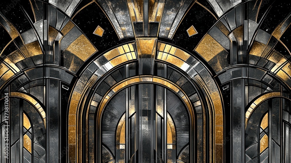 Poster a stylized architectural design featuring metallic textures and geometric patterns.