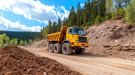 Obraz premium A heavy dump truck drives along a dirt road surrounded by trees, showcasing its robust build against a scenic backdrop.